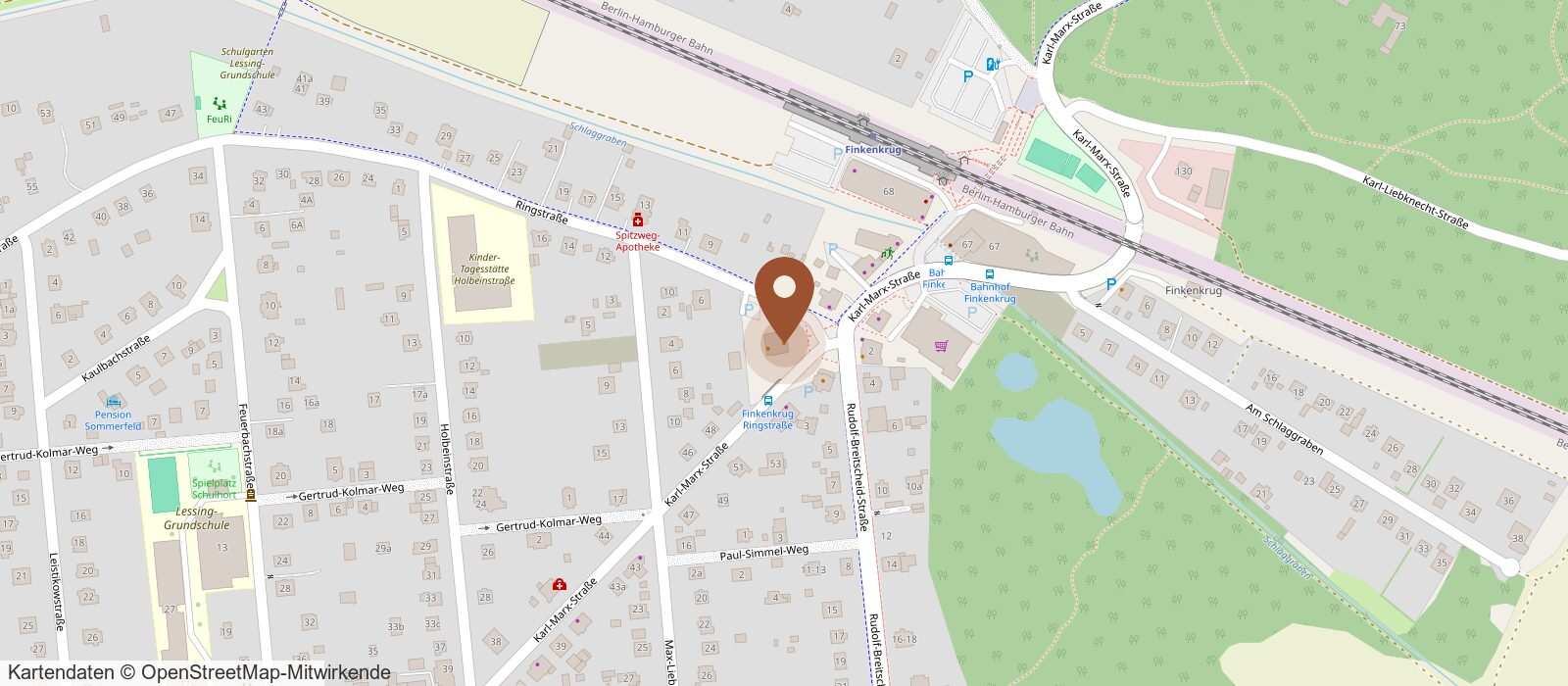 Kartenausschnitt von Falkensee-Finkenkrug mit Markierung des La Bocca in der Karl-Marx-Straße 54
